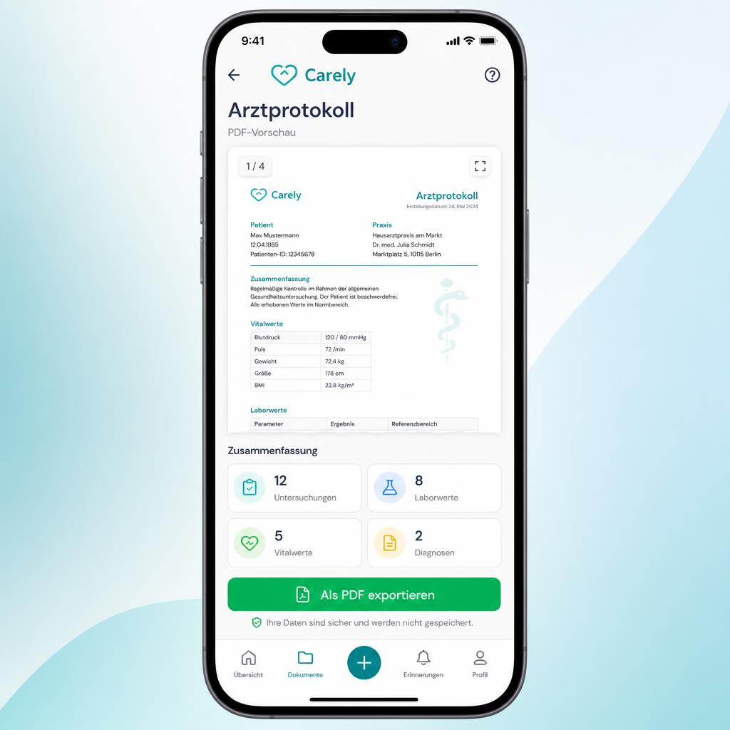 Carely Schmerztagebuch App – Arztprotokoll als PDF